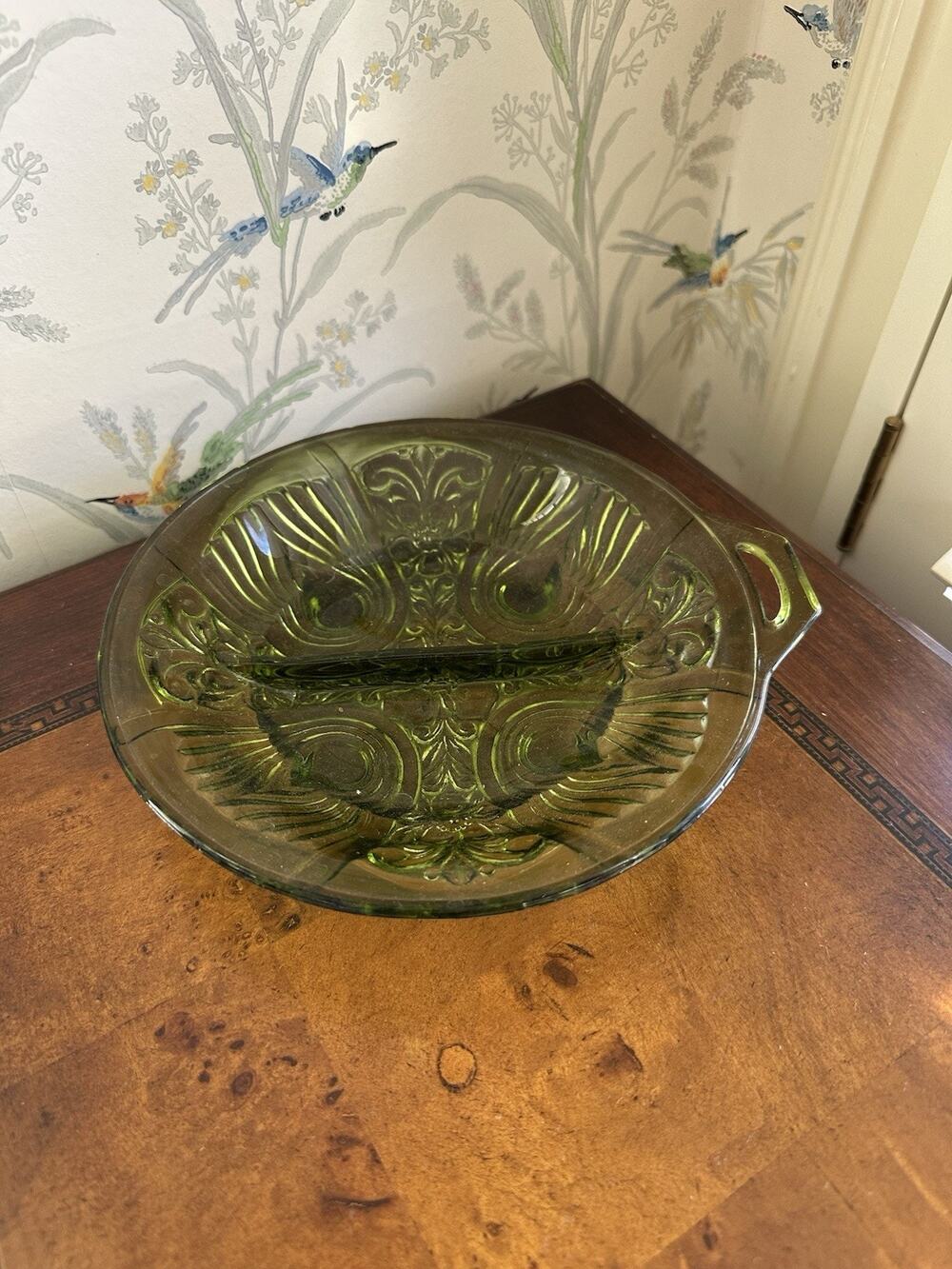 Vintage Indiana Glass Killarney Avocado Green Divided Relish Dish Single Handle
